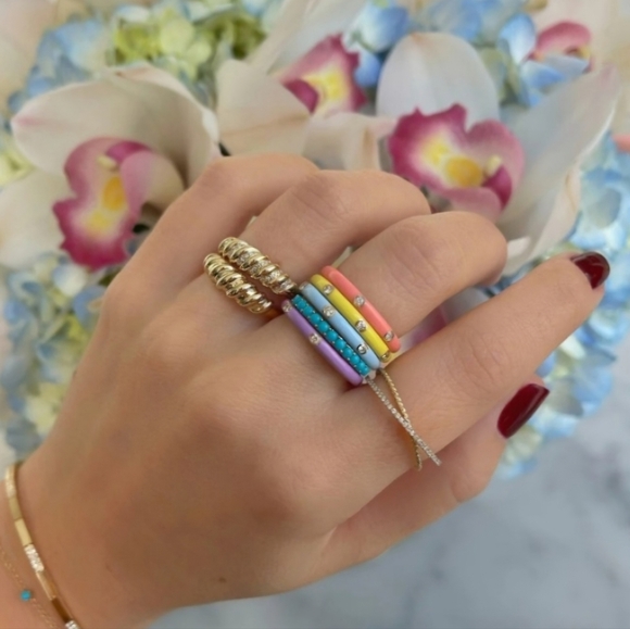 ❌️EF Collection 14K 3 Diamond Orange Enamel Ring 5.75 - Picture 4 of 9